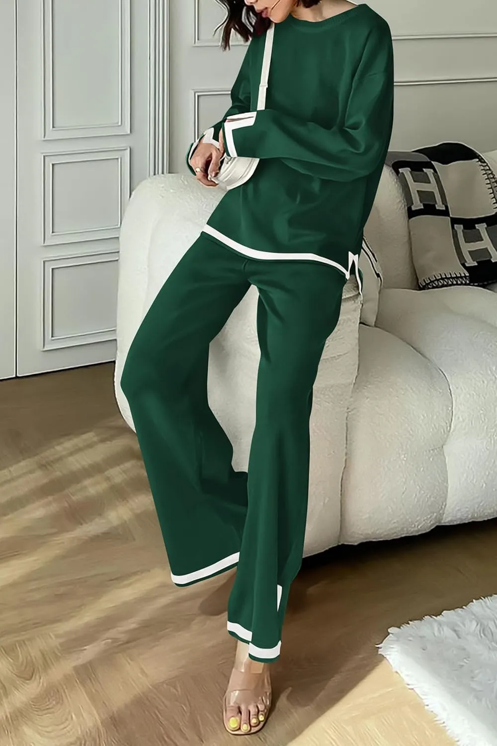 PRETTYGARDEN Women's 2 Piece Knit Sweater Set Casual Long Sleeve Pullover Wide Leg Pants Sweatsuit Tracksuit Outfit