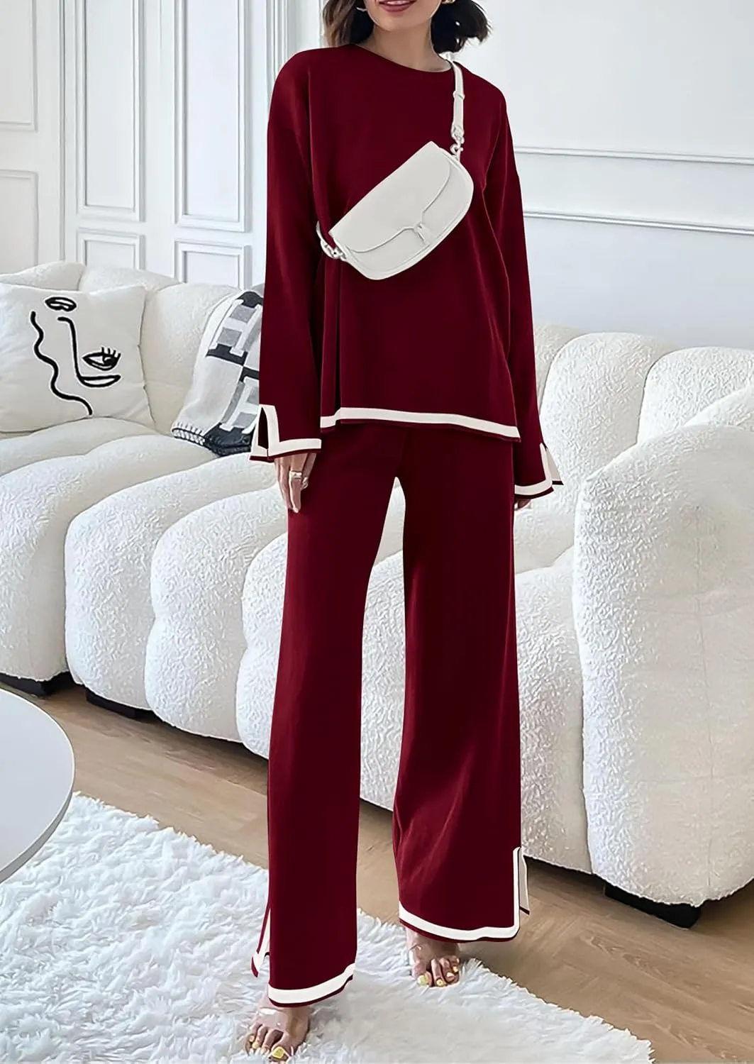 PRETTYGARDEN Women's 2 Piece Knit Sweater Set Casual Long Sleeve Pullover Wide Leg Pants Sweatsuit Tracksuit Outfit