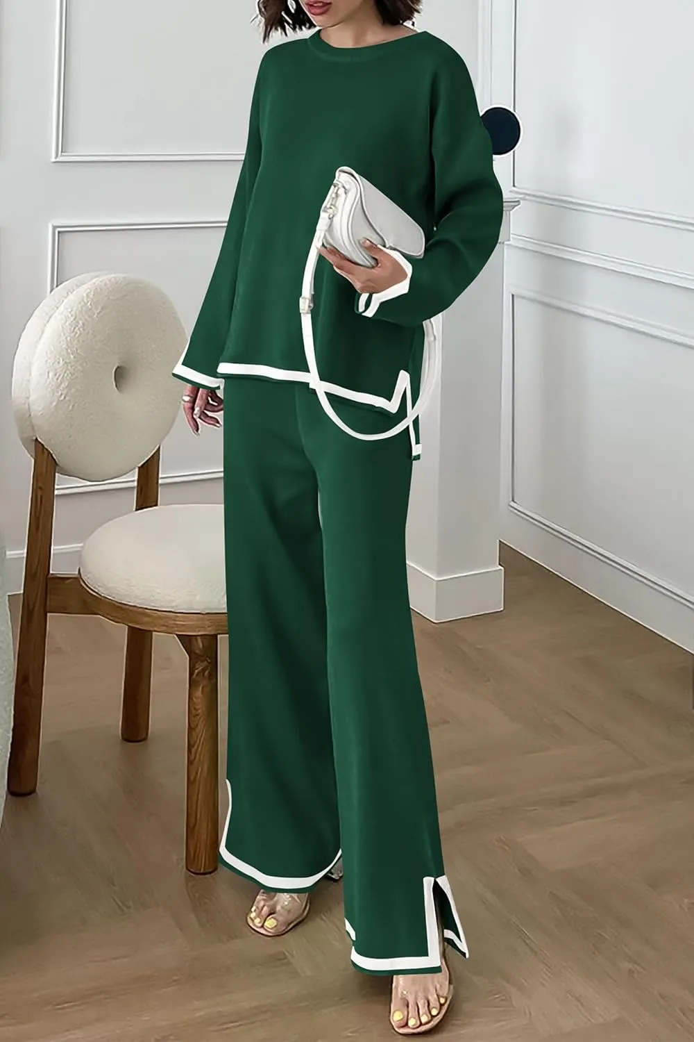 PRETTYGARDEN Women's 2 Piece Knit Sweater Set Casual Long Sleeve Pullover Wide Leg Pants Sweatsuit Tracksuit Outfit