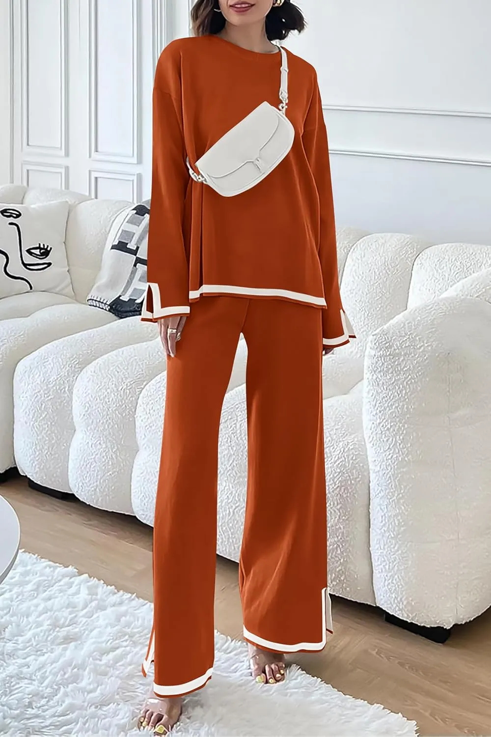 PRETTYGARDEN Women's 2 Piece Knit Sweater Set Casual Long Sleeve Pullover Wide Leg Pants Sweatsuit Tracksuit Outfit