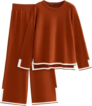 PRETTYGARDEN Women's 2 Piece Knit Sweater Set Casual Long Sleeve Pullover Wide Leg Pants Sweatsuit Tracksuit Outfit