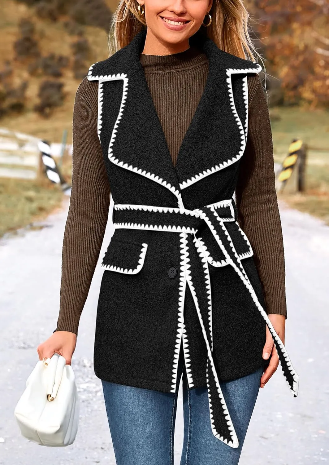 PRETTYGARDEN Women's 2025 Tweed Vest Jackets Sleeveless Lapel Button Front Belt Color Block Winter Cardigan Outerwear