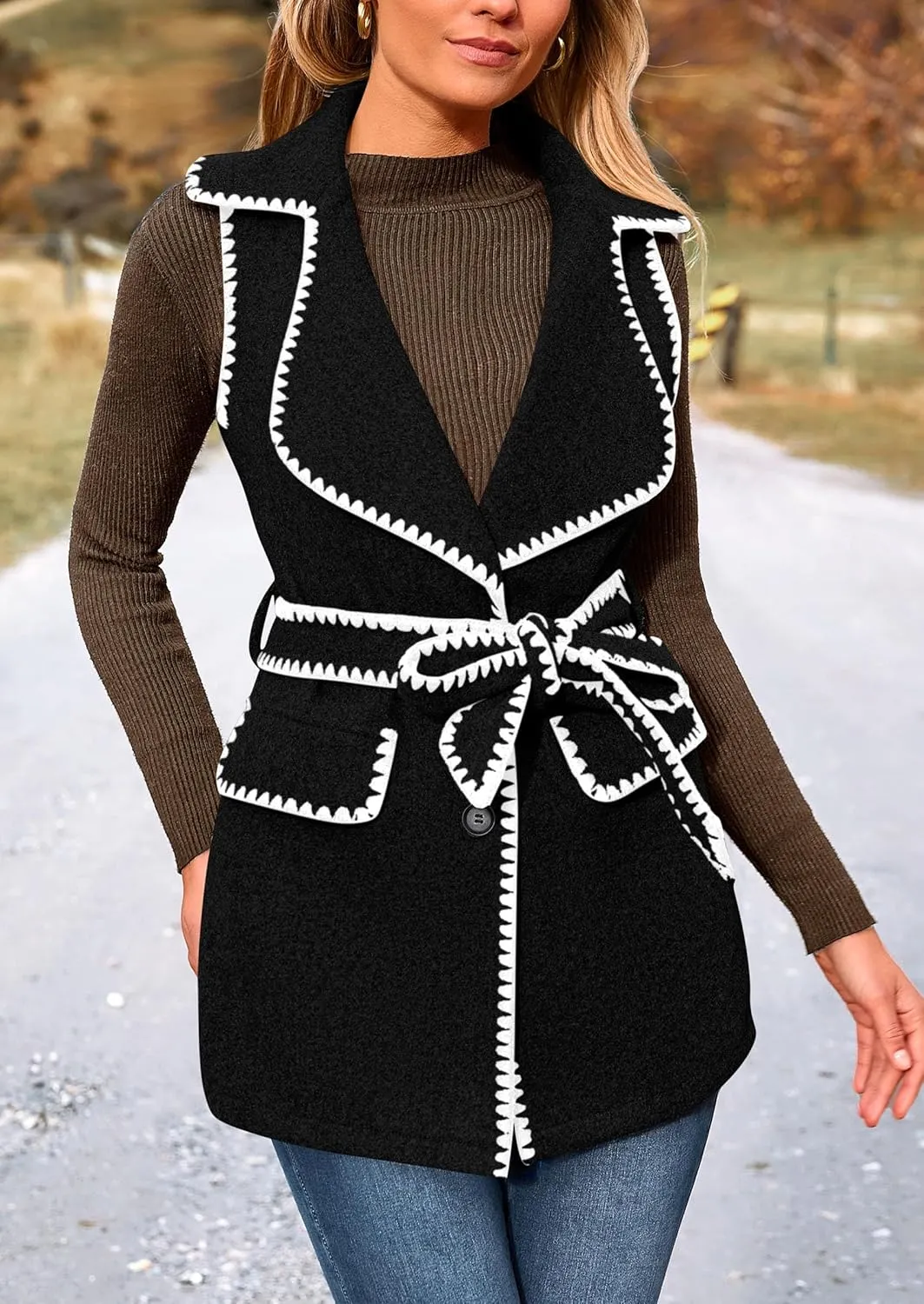 PRETTYGARDEN Women's 2025 Tweed Vest Jackets Sleeveless Lapel Button Front Belt Color Block Winter Cardigan Outerwear