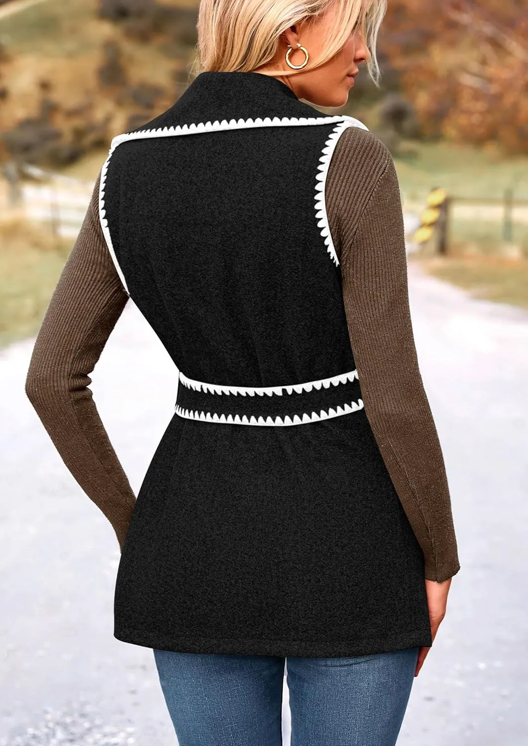 PRETTYGARDEN Women's 2025 Tweed Vest Jackets Sleeveless Lapel Button Front Belt Color Block Winter Cardigan Outerwear