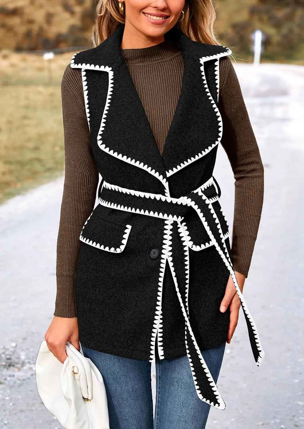 PRETTYGARDEN Women's 2025 Tweed Vest Jackets Sleeveless Lapel Button Front Belt Color Block Winter Cardigan Outerwear