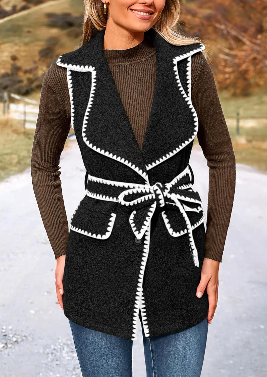 PRETTYGARDEN Women's 2025 Tweed Vest Jackets Sleeveless Lapel Button Front Belt Color Block Winter Cardigan Outerwear
