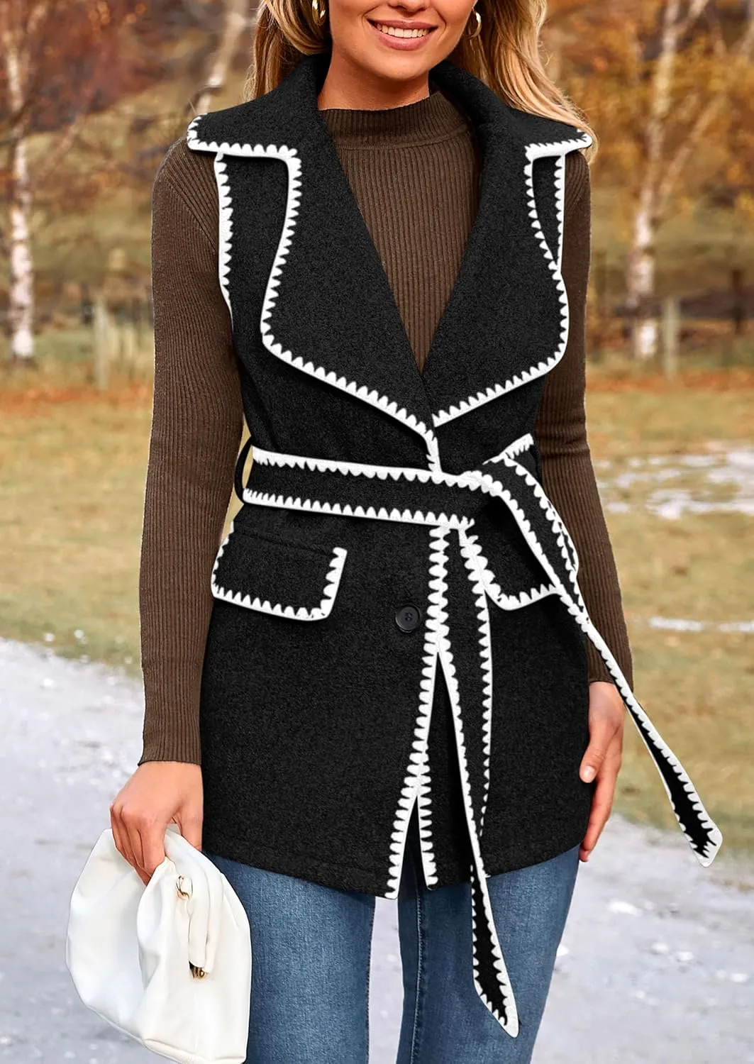 PRETTYGARDEN Women's 2025 Tweed Vest Jackets Sleeveless Lapel Button Front Belt Color Block Winter Cardigan Outerwear