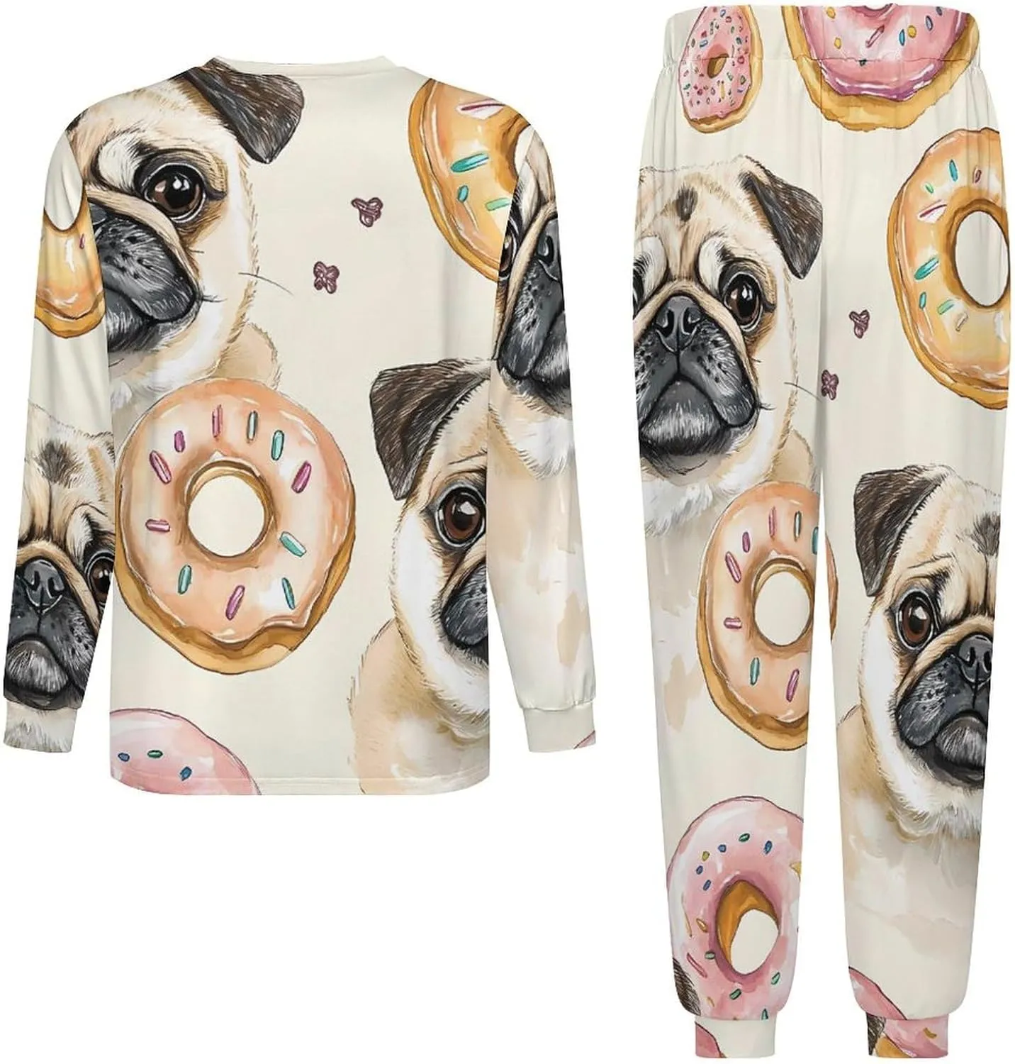 Pug And Donut Watercolor Soft Mens Pajamas Set Round Neck Pullover Long Sleeve And Pants Loungewear 2 Piece Pjs Set