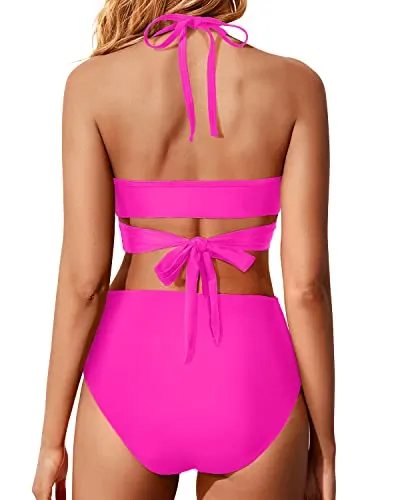 Push Up Front Criss Cross Wrap Two Piece Bikini For Women-Neon Pink
