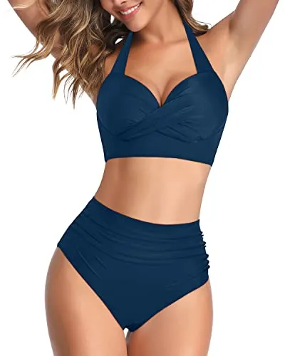 Push Up Womens 2 Piece High Waisted Bikini Swimsuit Tummy Control Bathing Suit-Teal