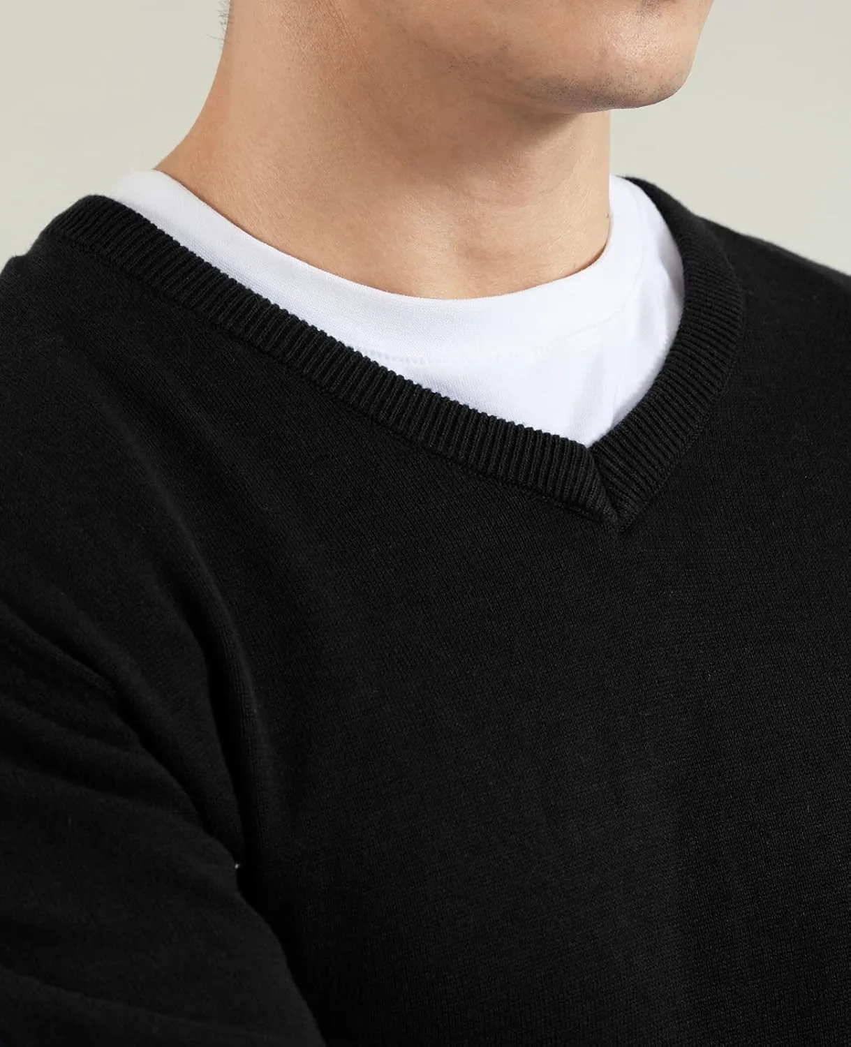 QUALFORT Mens 100% Cotton V Neck Sweaters Casual Knitted Pullover Sweater