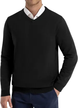 QUALFORT Mens 100% Cotton V Neck Sweaters Casual Knitted Pullover Sweater