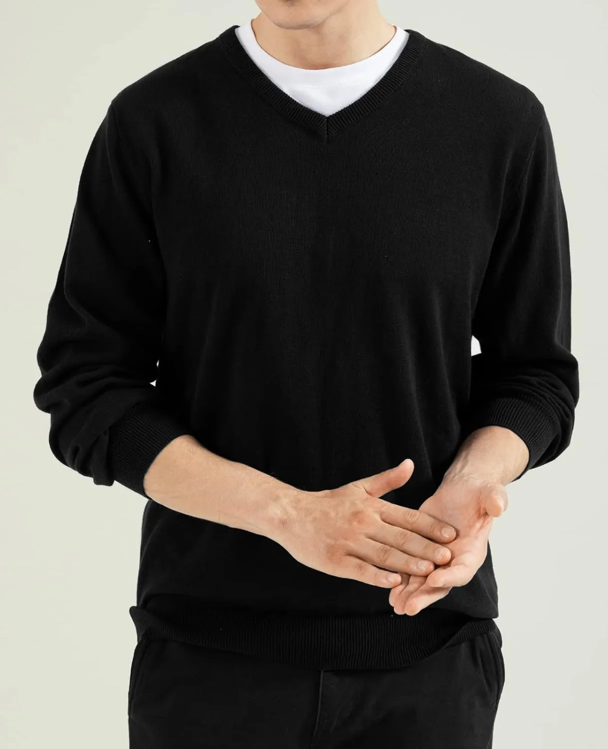 QUALFORT Mens 100% Cotton V Neck Sweaters Casual Knitted Pullover Sweater
