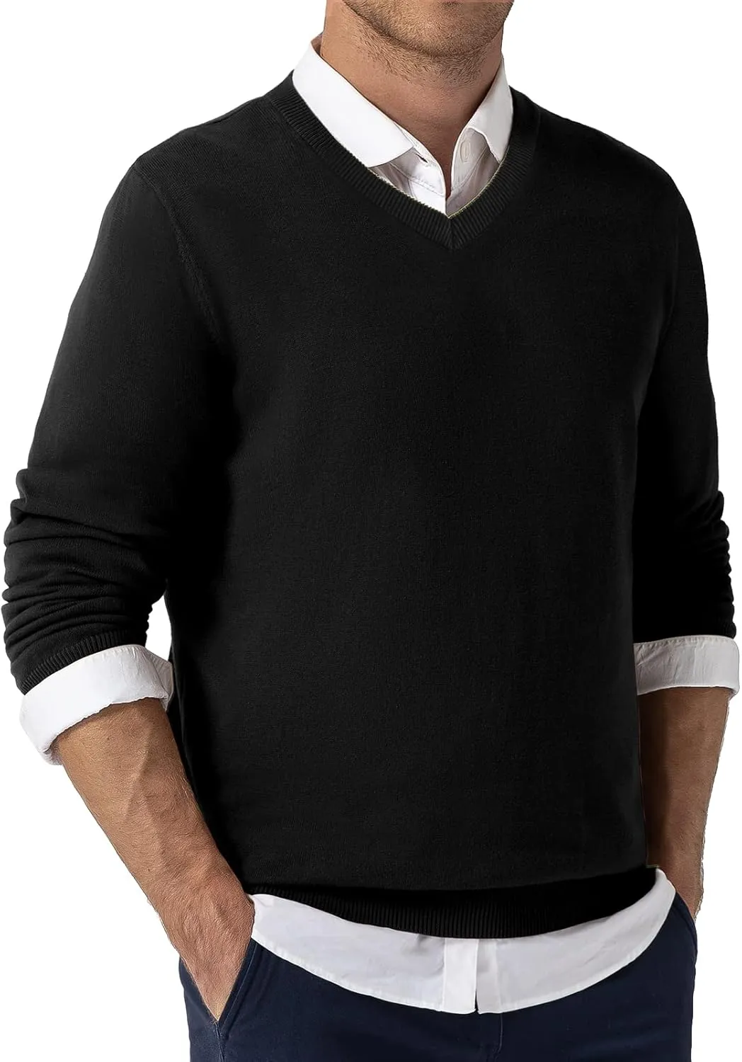 QUALFORT Mens 100% Cotton V Neck Sweaters Casual Knitted Pullover Sweater