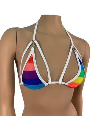 Rainbow Triangle Bikini Top LGBT Pride Parade Rave Outfits Skimpy Strappy String Adjustable Swimwear Cage Bikini Bra with Connector Handmade