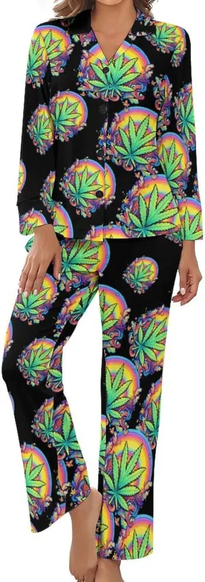 Rainbow Weed Women's Long Sleeve Pajama Set Soft Button Down Nightwear Loungewear Lounge Sets