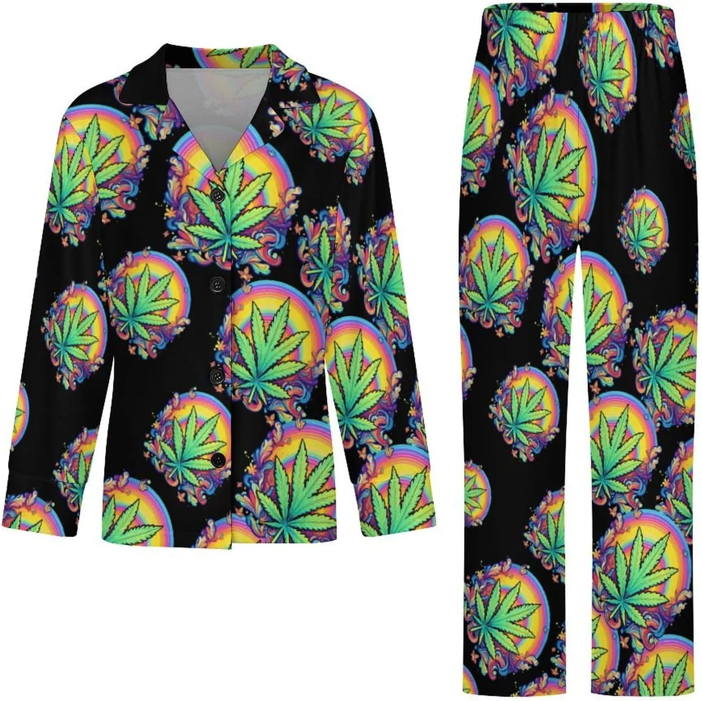Rainbow Weed Women's Long Sleeve Pajama Set Soft Button Down Nightwear Loungewear Lounge Sets