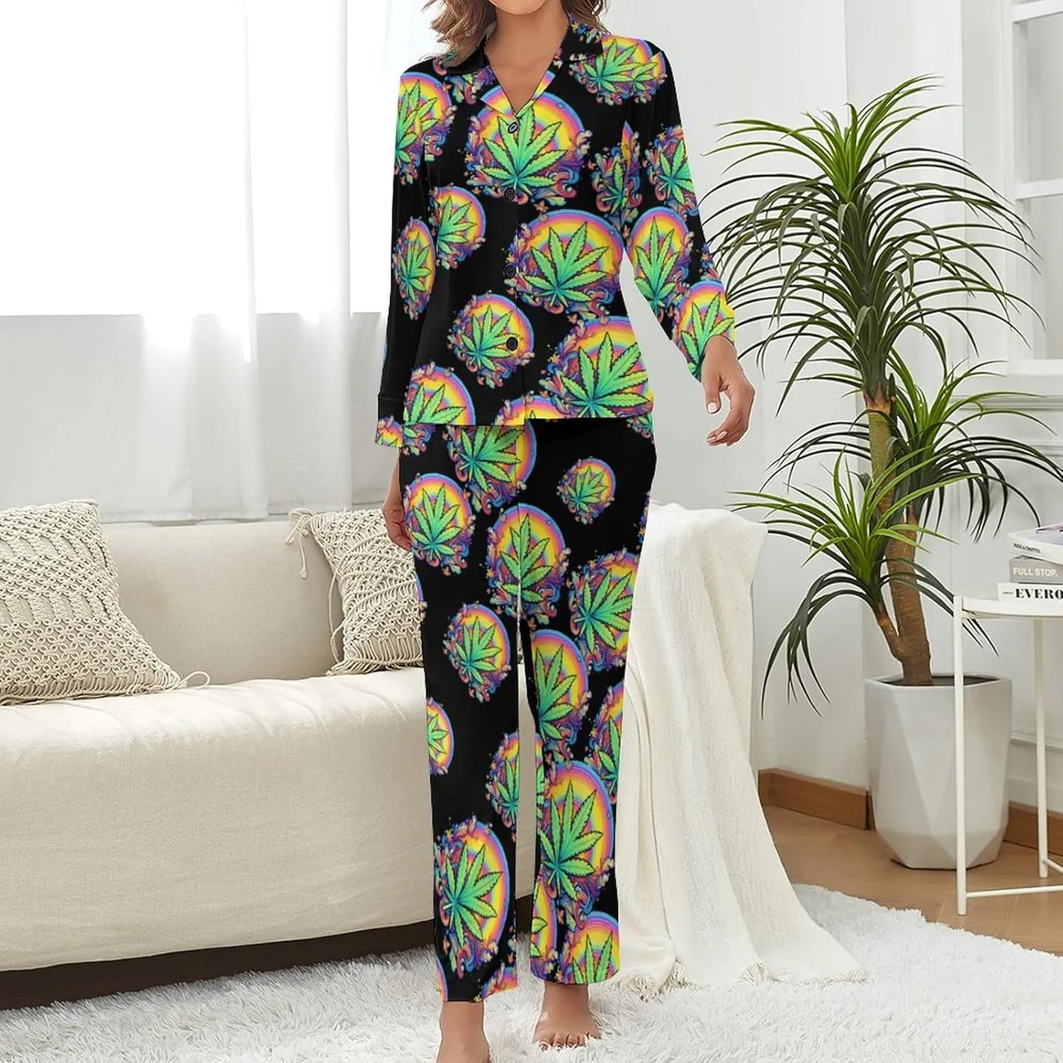 Rainbow Weed Women's Long Sleeve Pajama Set Soft Button Down Nightwear Loungewear Lounge Sets