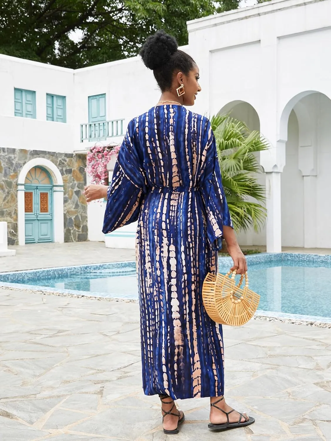 RanRui navy stripe kimono robe long Kimonos for Women beach cover up Duster Kimono Beach Boho Kimono Beach Cover up tie dye kimono bathing suit cover up 821-11