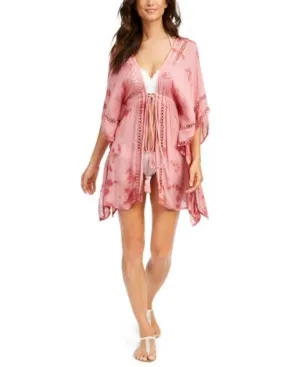 Raviya Drawstring-Tie Kimono Deep V Neck Crochet Swimsuit Cover Up, Size Small