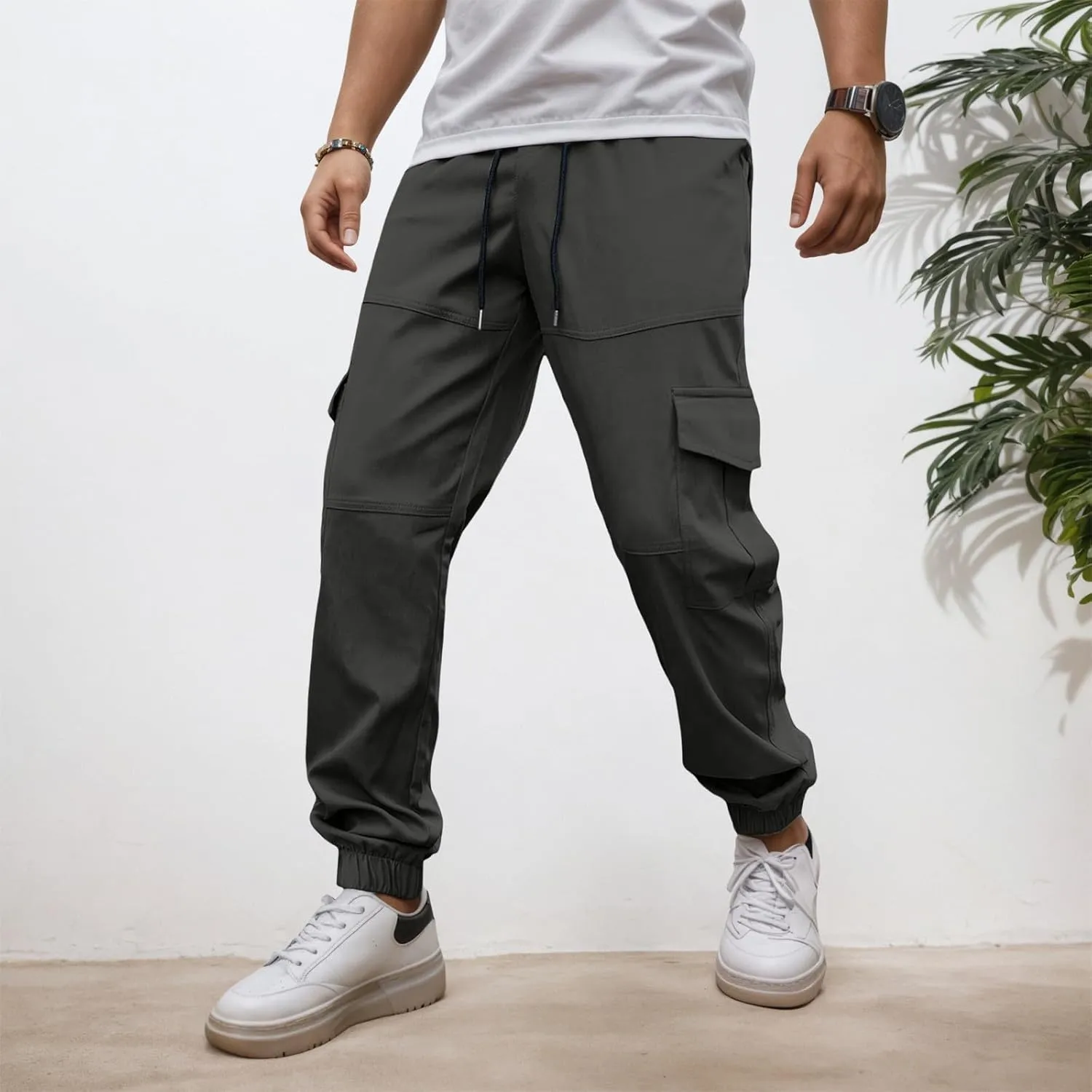 Relaxed Fit Cargo Pants for Men Stretch Casual Outdoor Hiking Harem Pants Elastic Waisted Drawstring Vintage Sweatpants