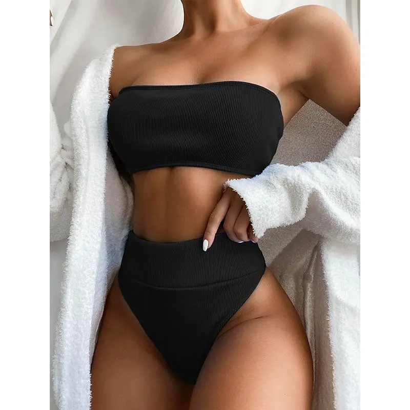 Ribbed Bandeau Bikinis  Ribbed Swimsuit Female Strapless Sports