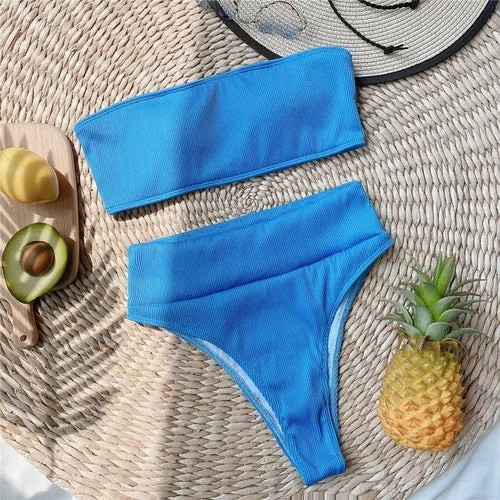 Ribbed Bandeau Bikinis  Ribbed Swimsuit Female Strapless Sports