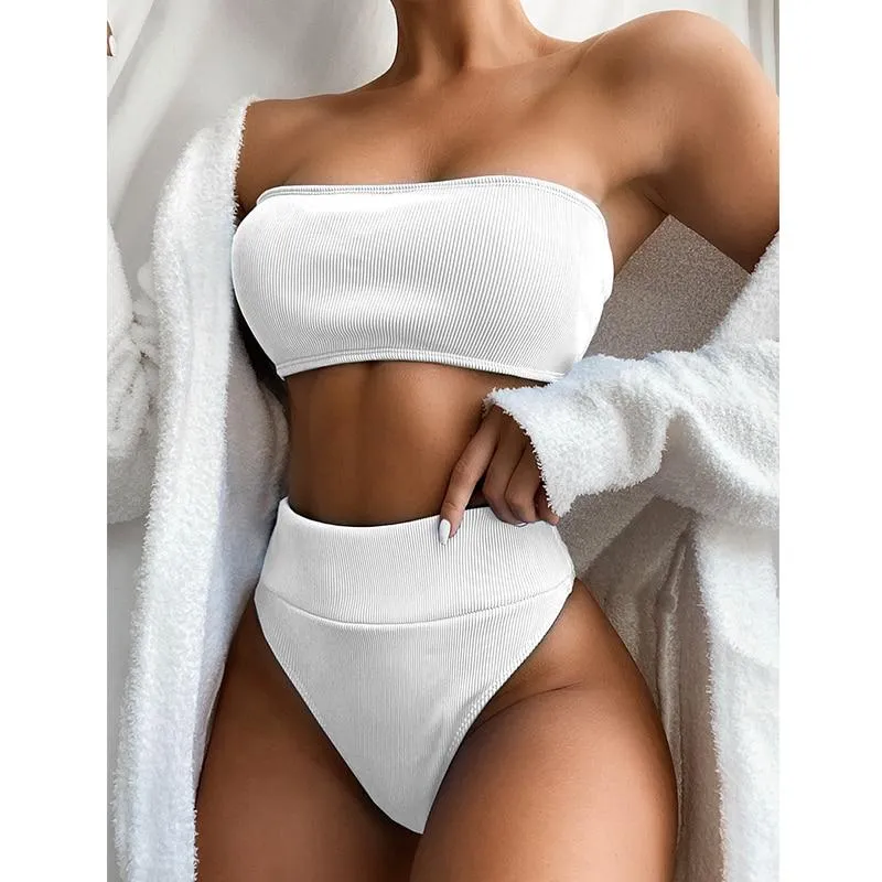 Ribbed Bandeau Bikinis  Ribbed Swimsuit Female Strapless Sports