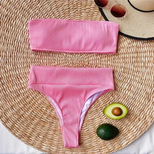 Ribbed Bandeau Bikinis  Ribbed Swimsuit Female Strapless Sports