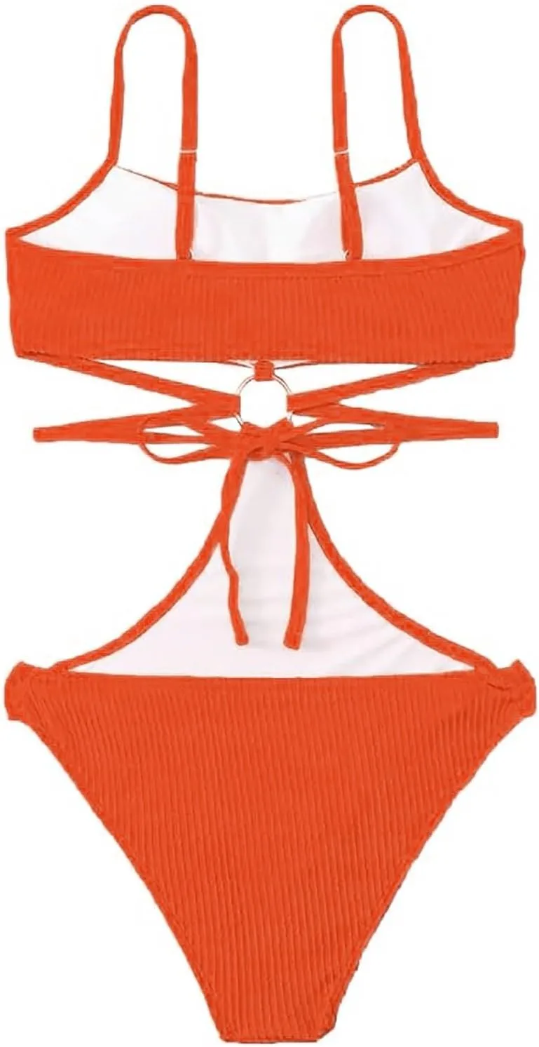Ring Linked Cut-Out One Piece Swimsuit Scoop Neck Criss Cross Tie Back Bathing Suit Adjustable Strap Sexy Beachwear