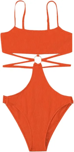 Ring Linked Cut-Out One Piece Swimsuit Scoop Neck Criss Cross Tie Back Bathing Suit Adjustable Strap Sexy Beachwear