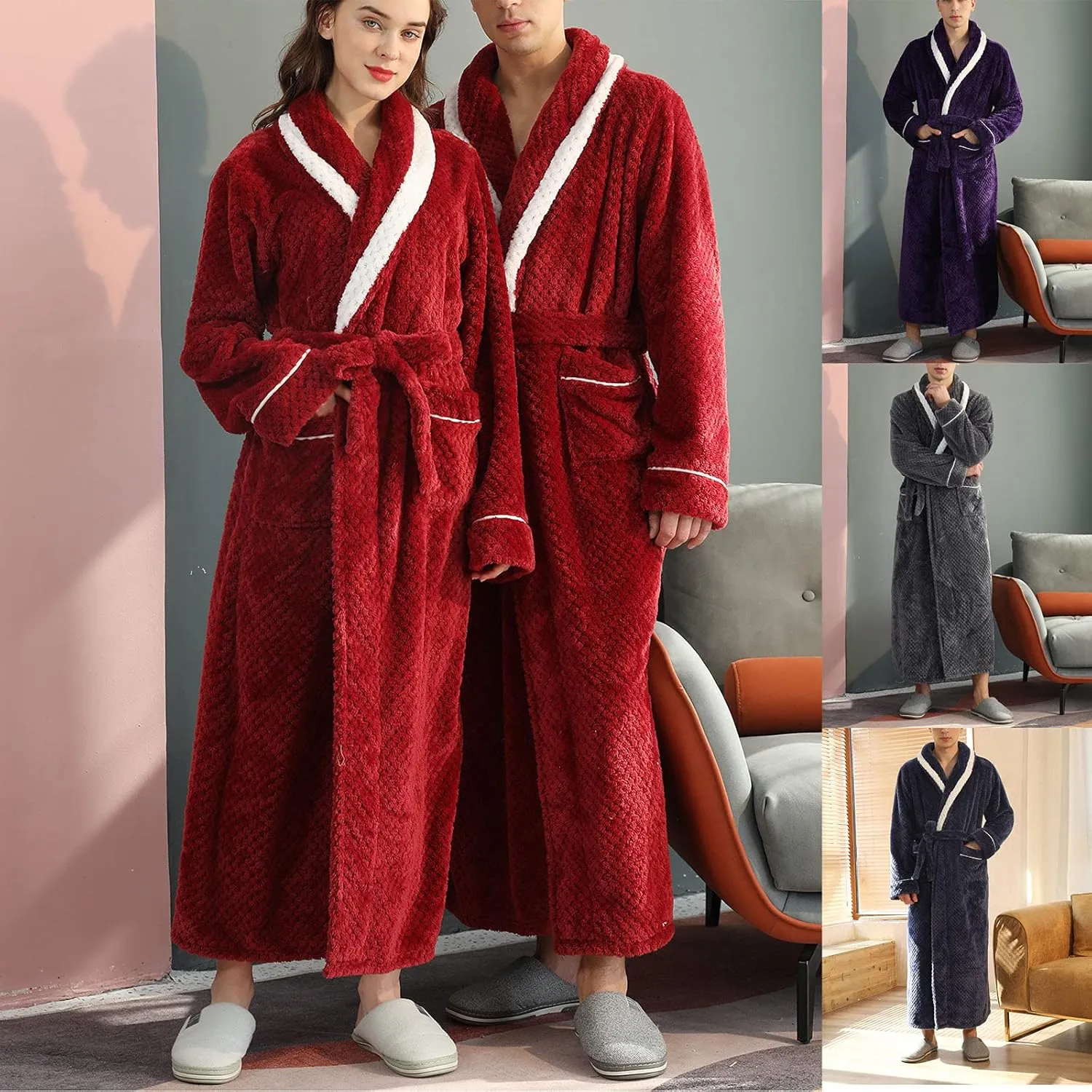 Robe for Men Warm Thick Wrap Style Soft Spa Bathrobe Winter Full Lenght Loungewear Matching Pajamas for Couples