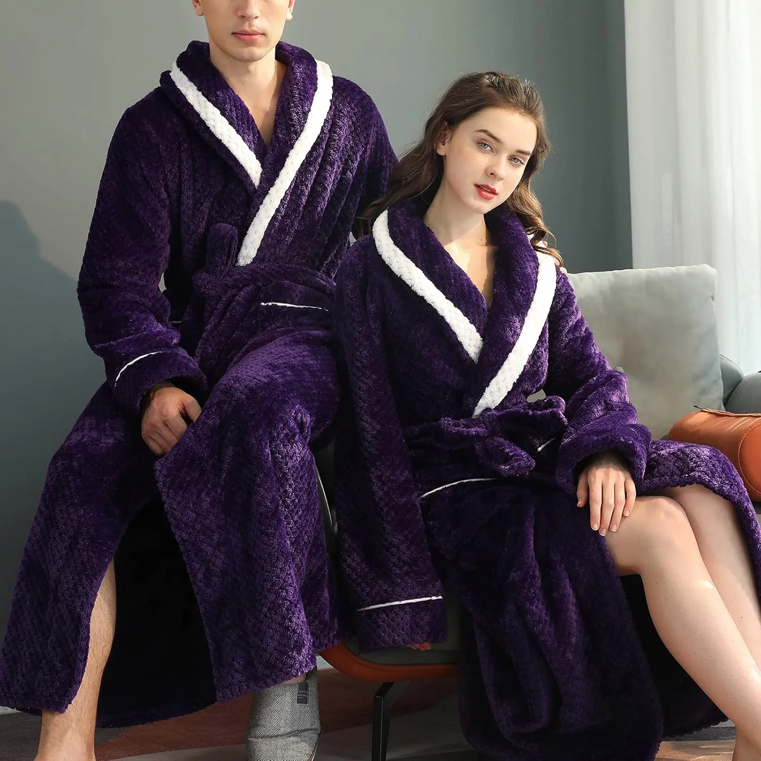 Robe for Men Warm Thick Wrap Style Soft Spa Bathrobe Winter Full Lenght Loungewear Matching Pajamas for Couples