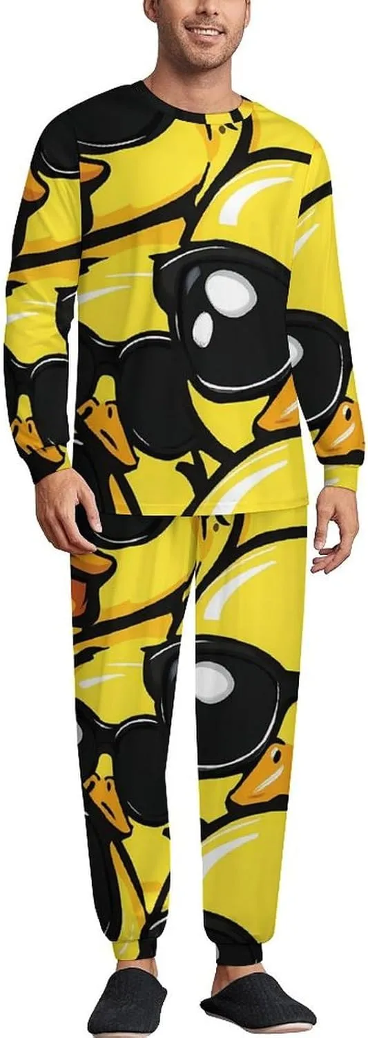 Rubber Yellow Duck With Glasses Soft Mens Pajamas Set Round Neck Pullover Long Sleeve And Pants Loungewear 2 Piece Pjs Set