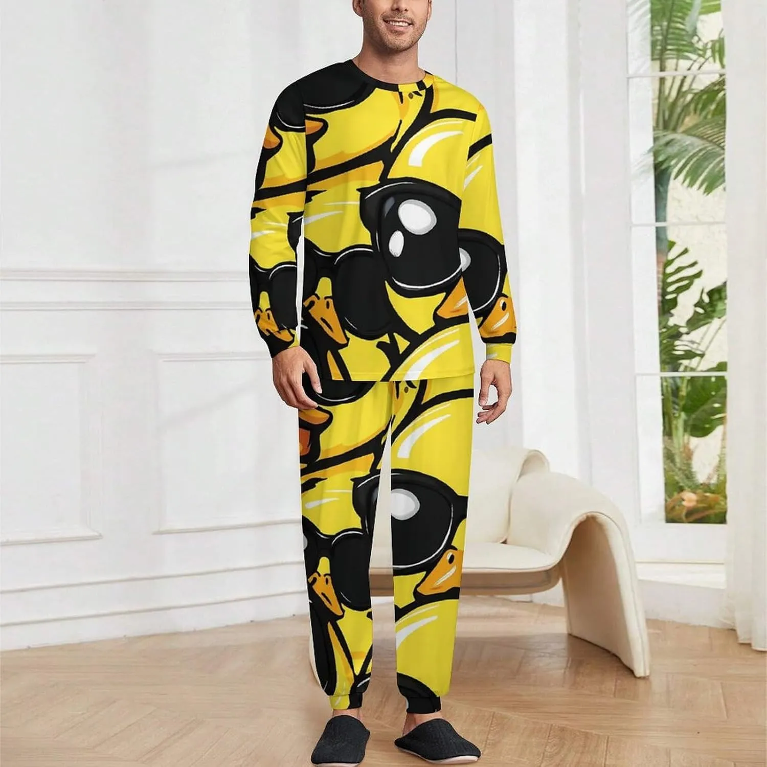 Rubber Yellow Duck With Glasses Soft Mens Pajamas Set Round Neck Pullover Long Sleeve And Pants Loungewear 2 Piece Pjs Set