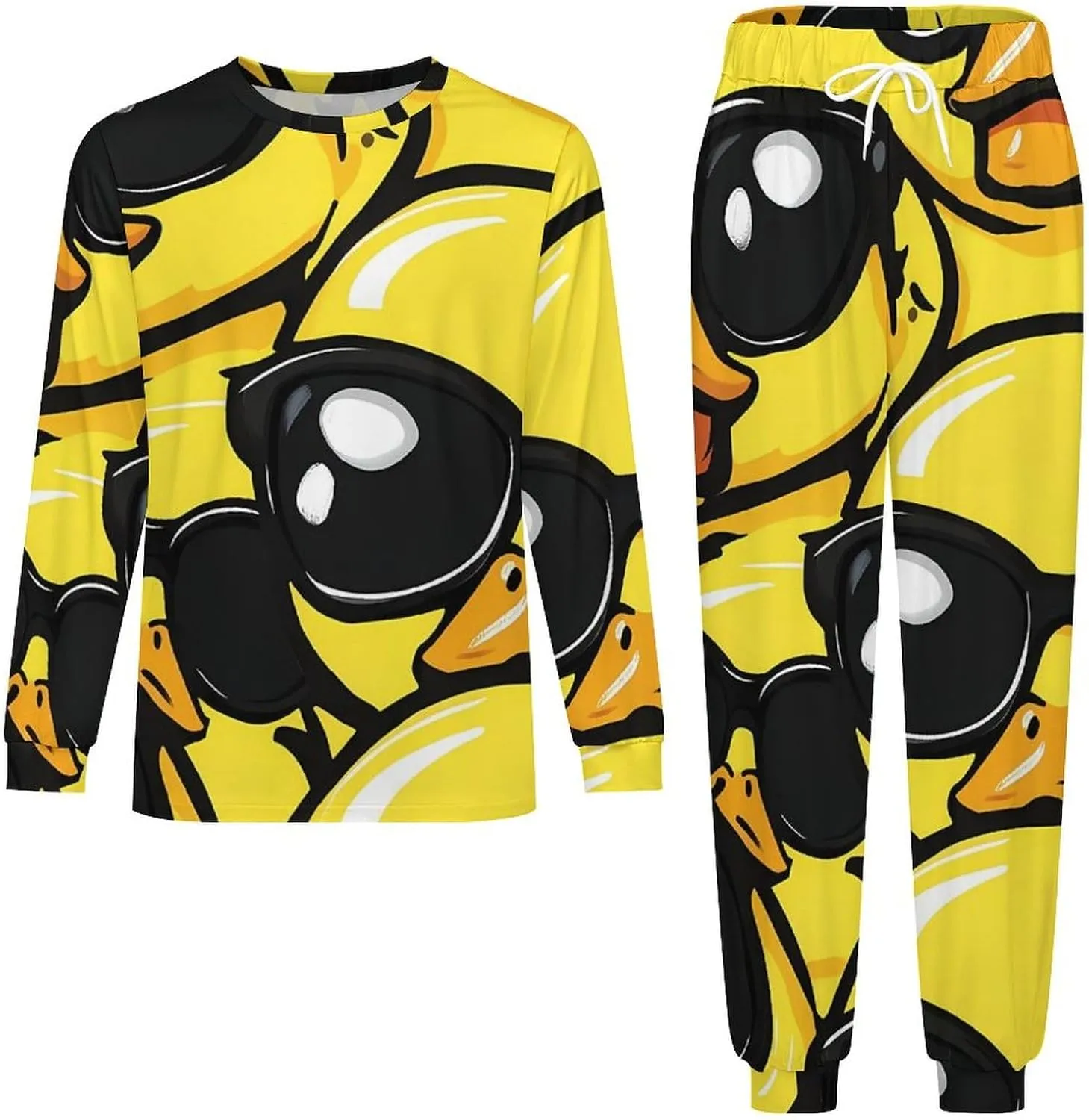 Rubber Yellow Duck With Glasses Soft Mens Pajamas Set Round Neck Pullover Long Sleeve And Pants Loungewear 2 Piece Pjs Set