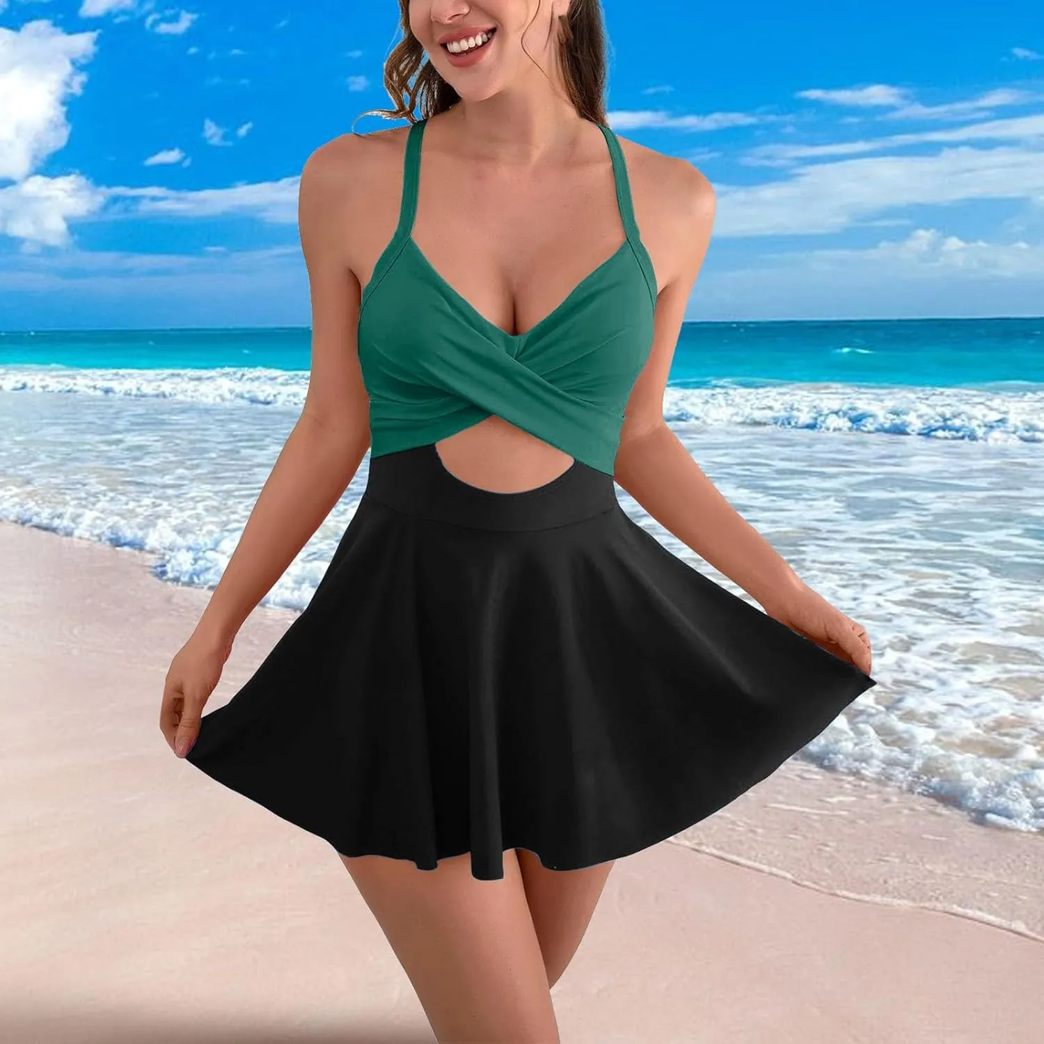 Ruffle Swimsuits for Women with Bra Support Tummy Control Cutout One Piece Color Block Wrap Swimwear