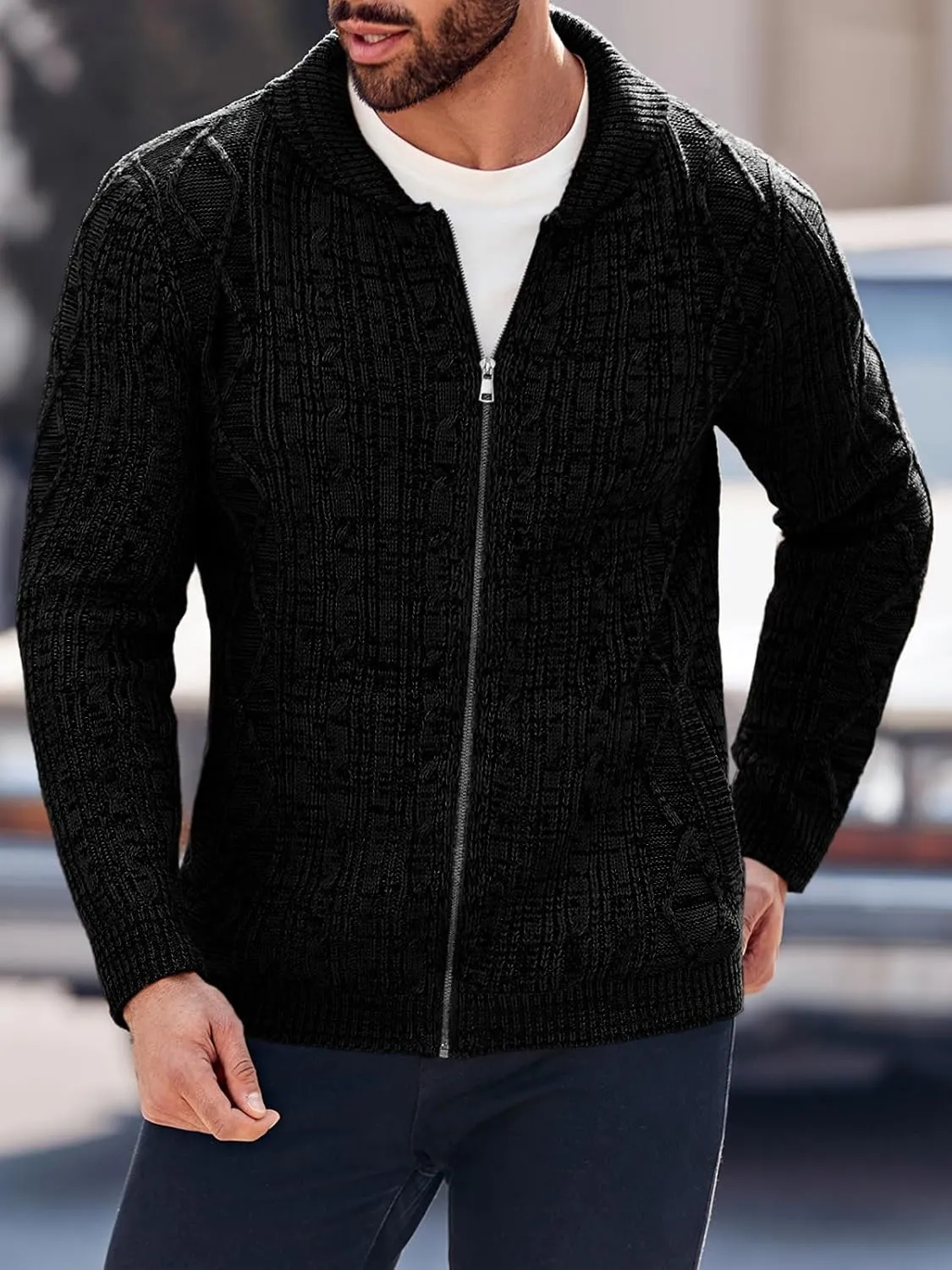 Ryannology Mens Shawl Neck Cardigan Sweater Cable Knit Zip Up Closure with Pockets Winter Sweaters Outerwear
