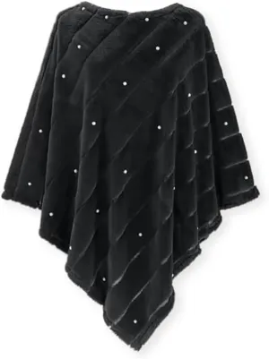 SAGEFINDS Faux-Fur and Pearl Poncho | Ultra-Soft and Warm | Womens Elegant Cloak | Ladies Fashionable Shawl for Evening, Party, Wedding