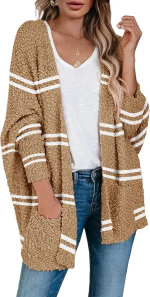 Saodimallsu Women's Chunky Popcorn Cardigan Oversized Open Front Boyfriend Batwing Long Sleeve Fuzzy Knit Sweaters