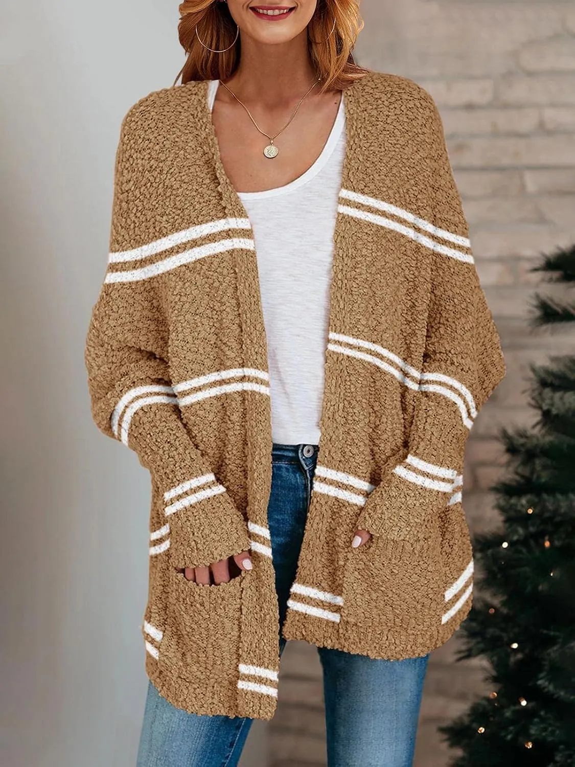 Saodimallsu Women's Chunky Popcorn Cardigan Oversized Open Front Boyfriend Batwing Long Sleeve Fuzzy Knit Sweaters