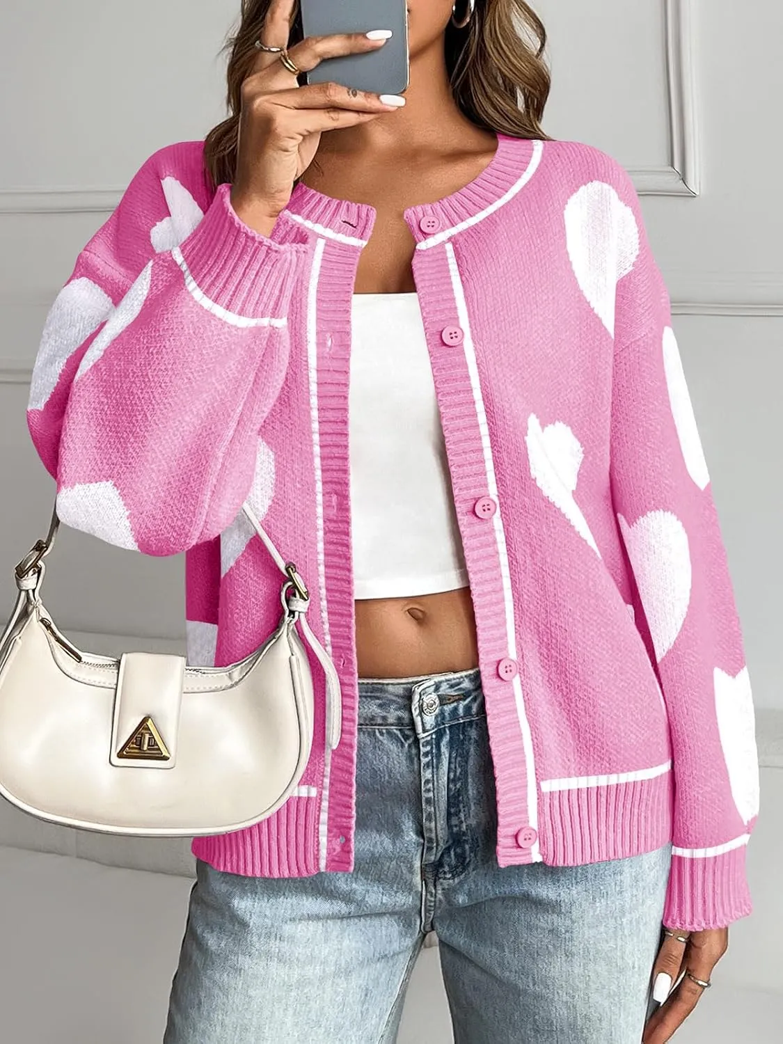 Saodimallsu Womens Cute Heart Cardigan Sweaters Chunky Knit Button Down Crewneck Long Sleeve Sweater Coat