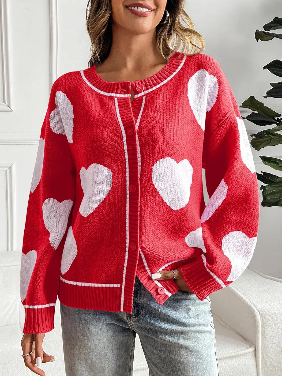 Saodimallsu Womens Cute Heart Cardigan Sweaters Chunky Knit Button Down Crewneck Long Sleeve Sweater Coat