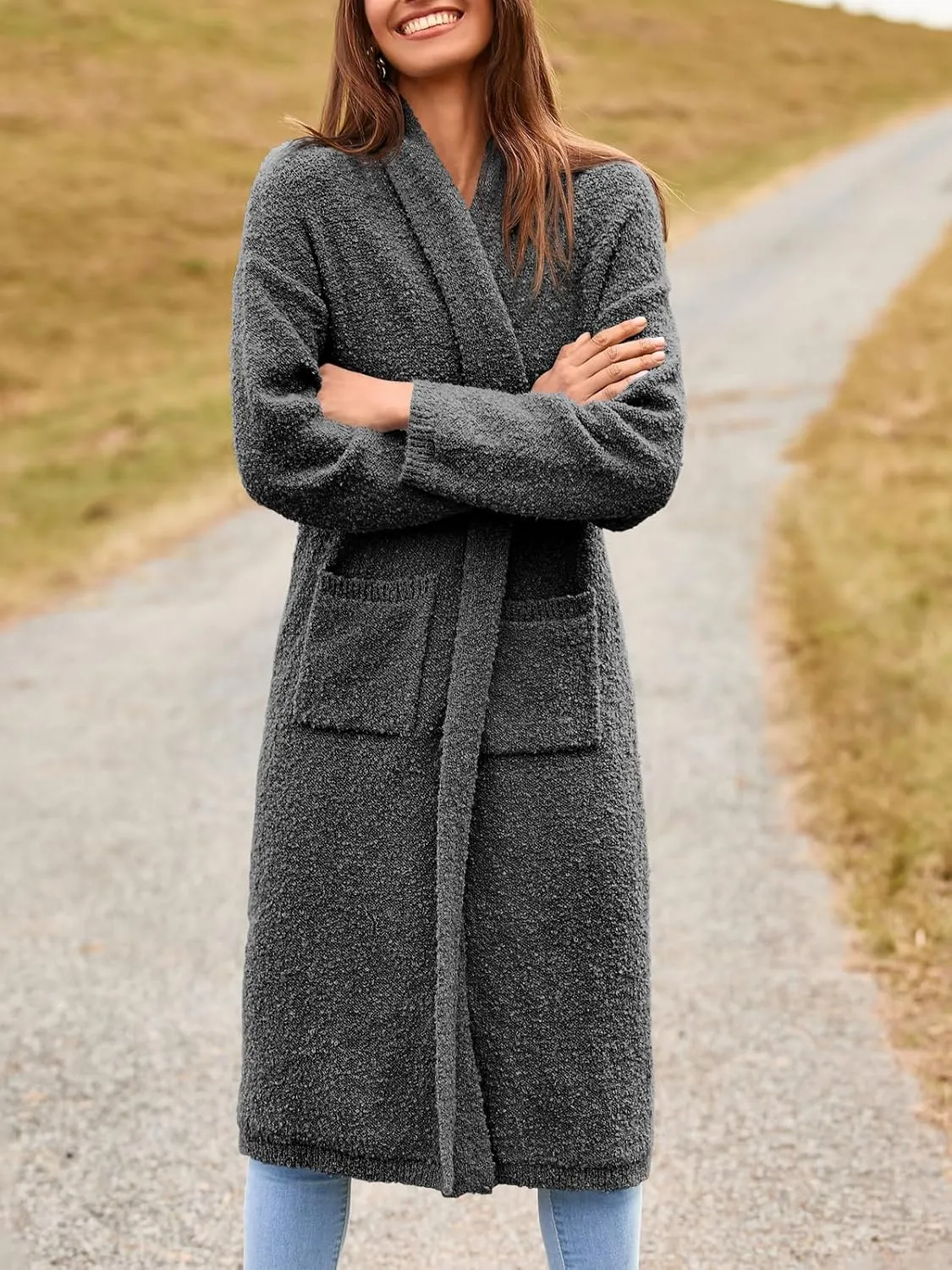 Saodimallsu Womens Open Front Long Cardigan Sweaters Oversized Chunky Fuzzy Lapel Fall 2024 Trendy Duster Sweater Coats