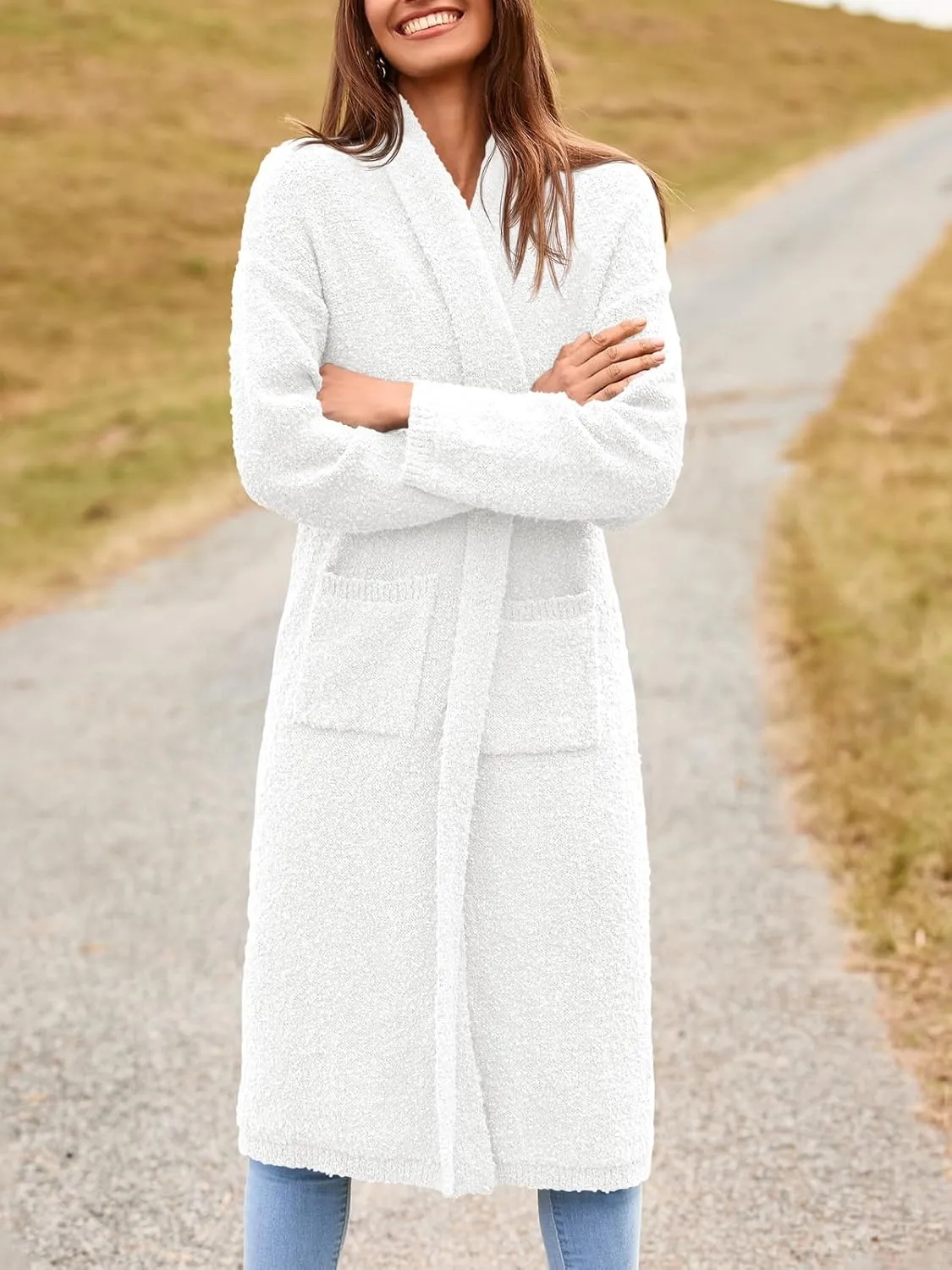 Saodimallsu Womens Open Front Long Cardigan Sweaters Oversized Chunky Fuzzy Lapel Fall 2024 Trendy Duster Sweater Coats