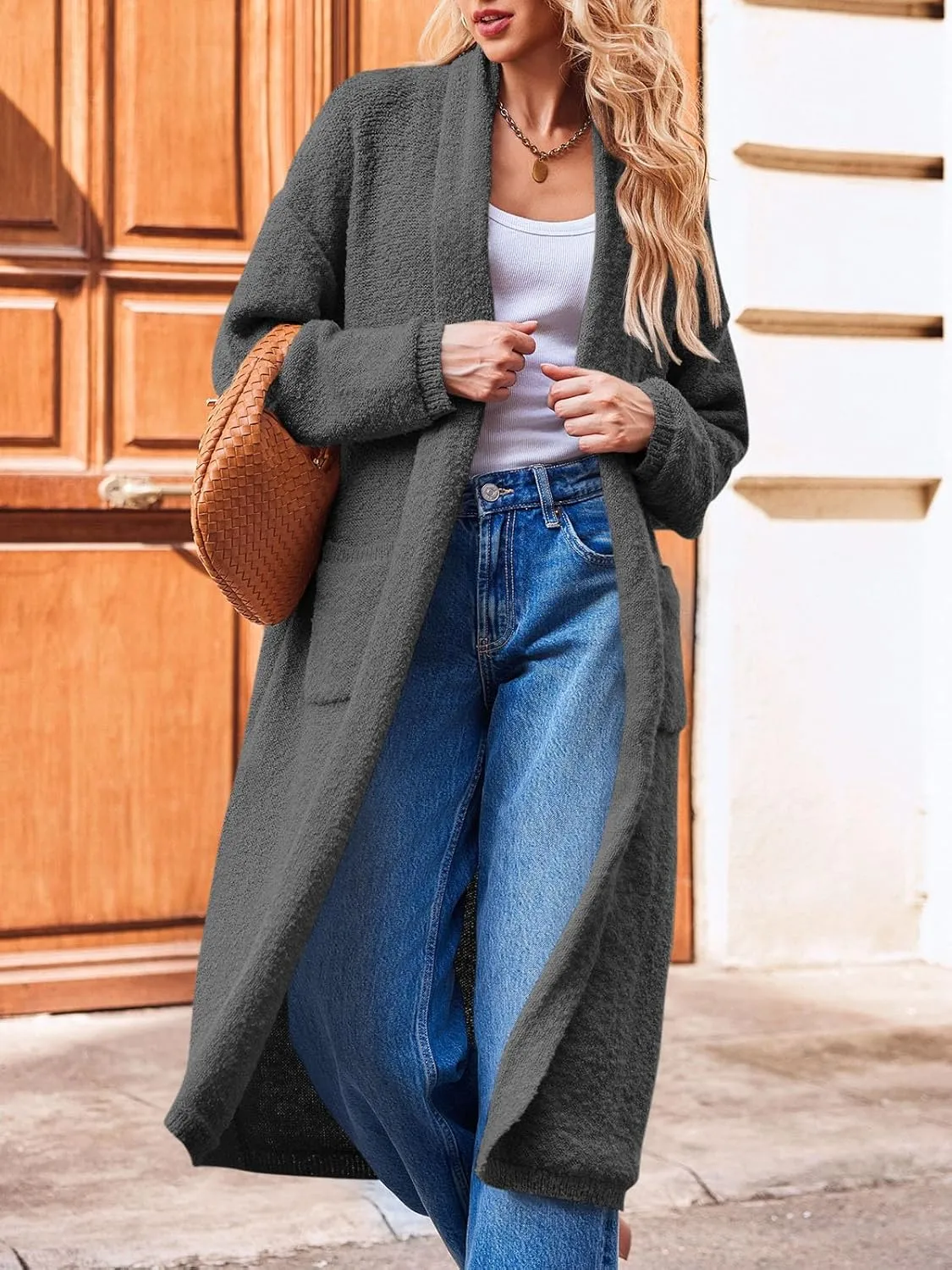 Saodimallsu Womens Open Front Long Cardigan Sweaters Oversized Chunky Fuzzy Lapel Fall 2024 Trendy Duster Sweater Coats
