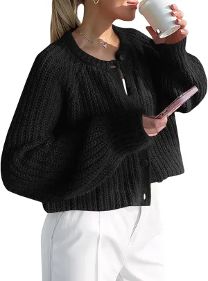 Saodimallsu Womens Puff Long Sleeve Cardigan Button Down Crew Neck Loose Open Front Knit Sweaters
