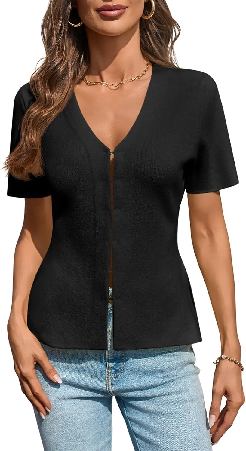 Saodimallsu Womens Short Sleeve Sweater V Neck Peplum Knit Loose Fit Front Slit Dressy Work Tops