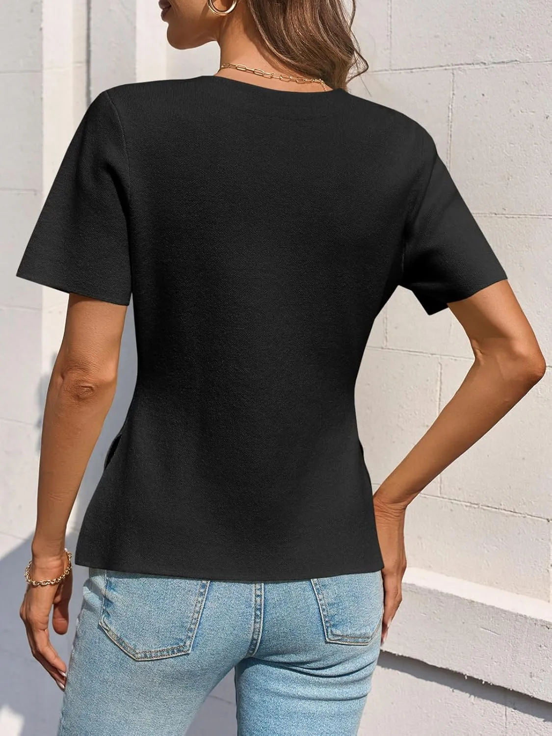 Saodimallsu Womens Short Sleeve Sweater V Neck Peplum Knit Loose Fit Front Slit Dressy Work Tops