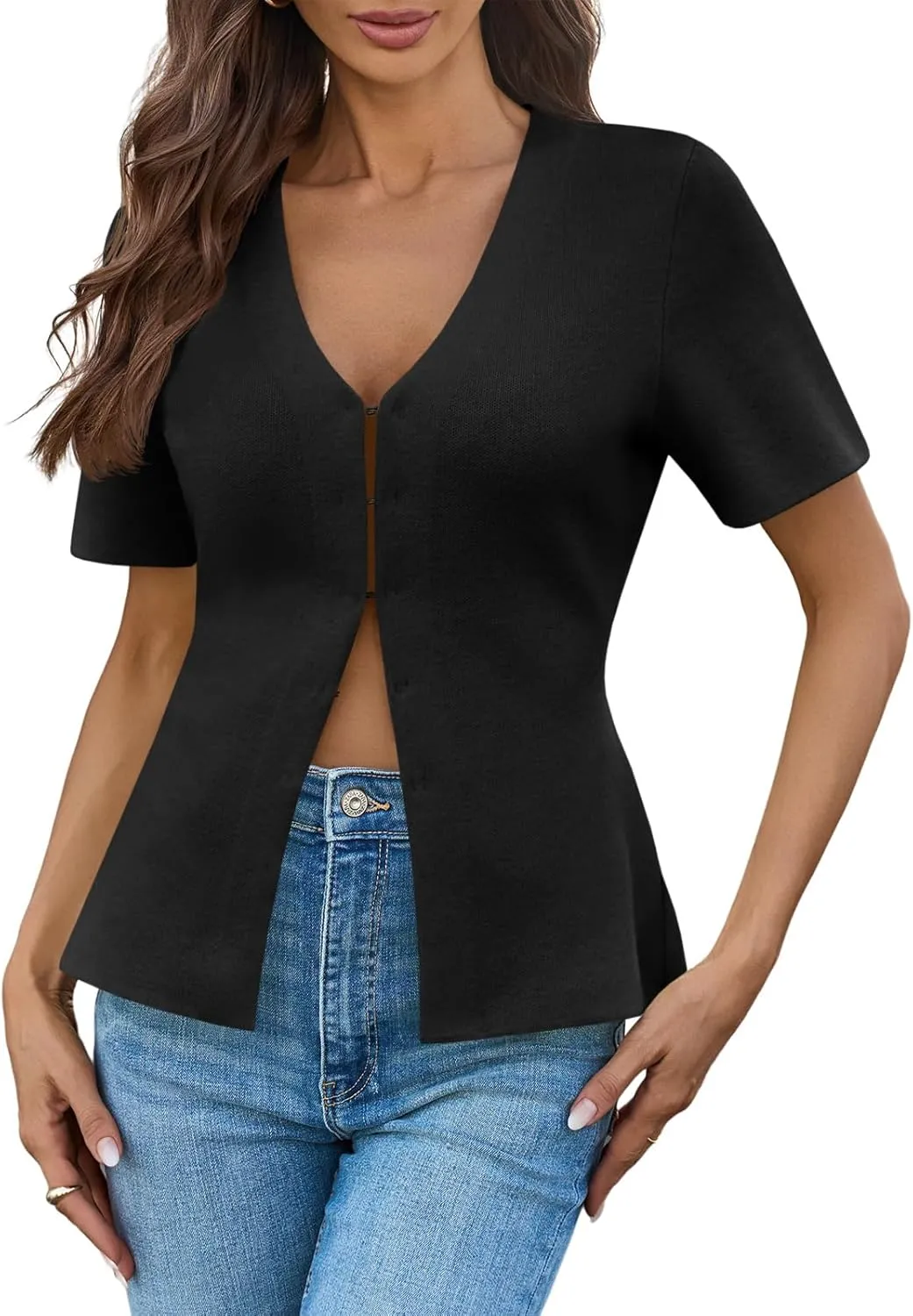 Saodimallsu Womens Short Sleeve Sweater V Neck Peplum Knit Loose Fit Front Slit Dressy Work Tops